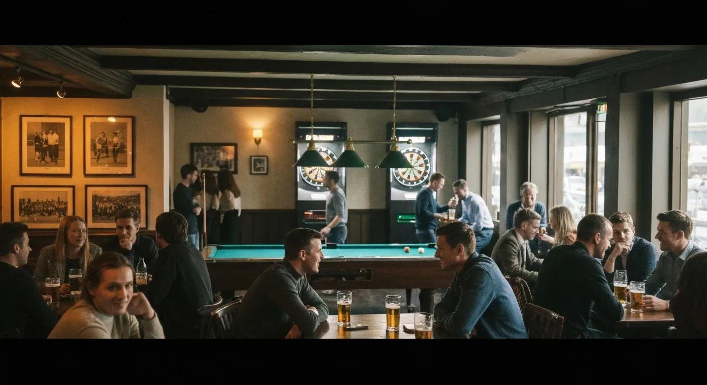 A busy pub atmosphere with a pool table and dartboard in the background