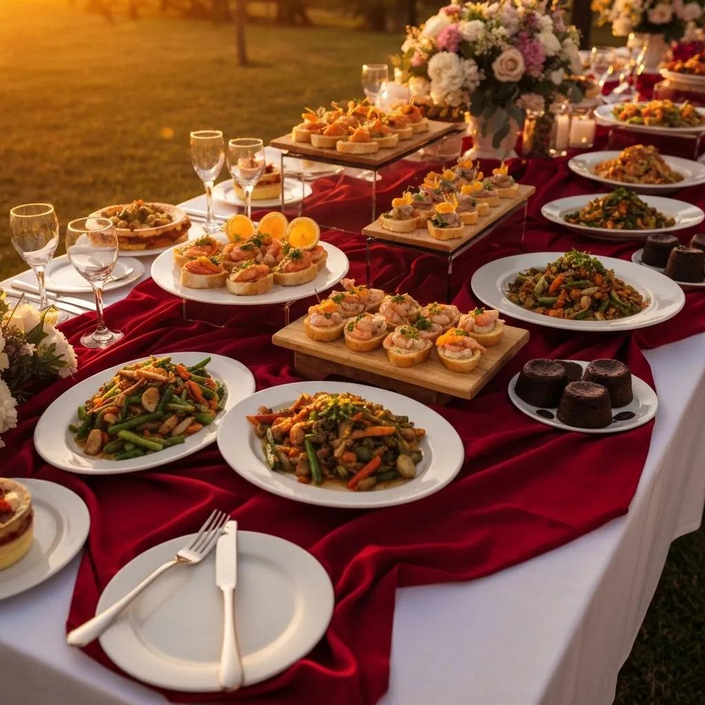 A beautifully presented wedding catering spread featuring seasonal dishes and vibrant colours, perfect for a Brighton wedding.