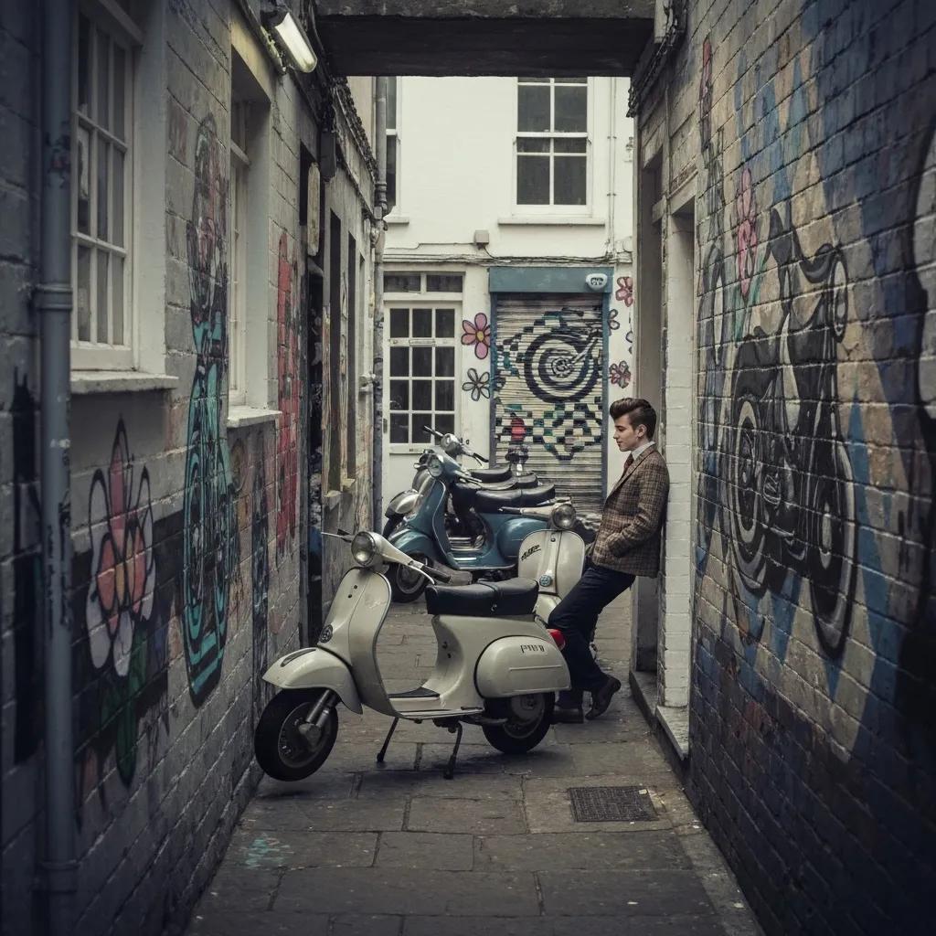 Narrow alley in Brighton with graffiti and vintage scooters, representing Quadrophenia's filming location