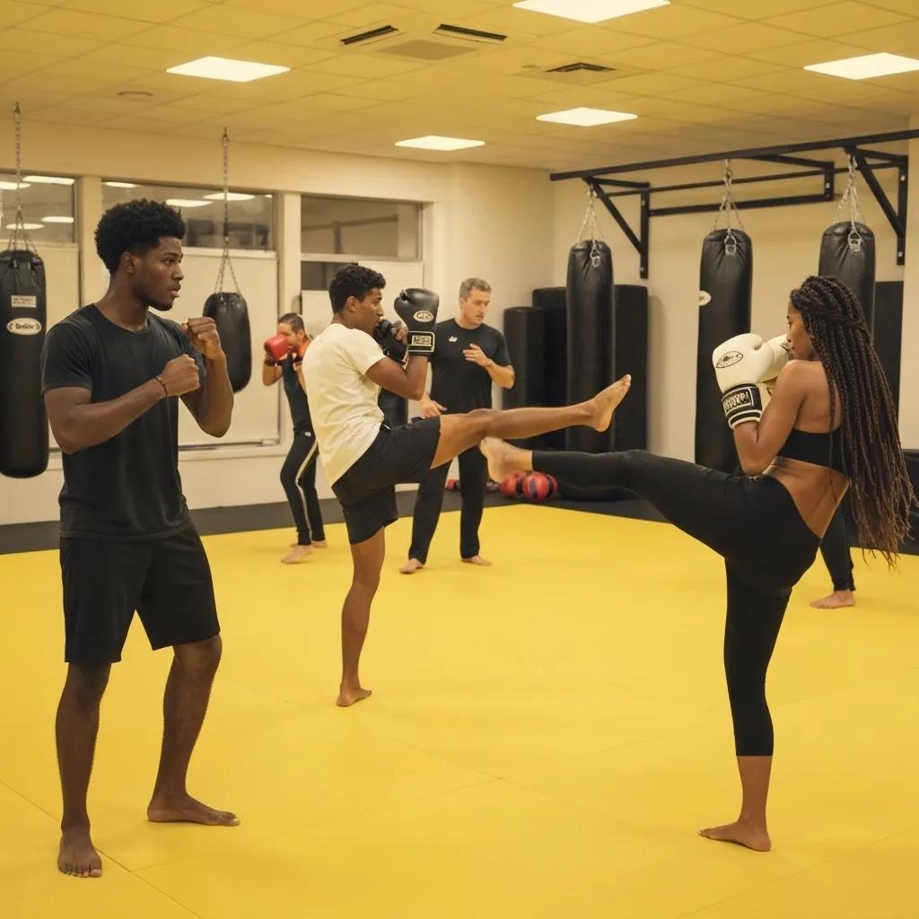 People participating in a kickboxing class, demonstrating training techniques in a dynamic martial arts gym environment