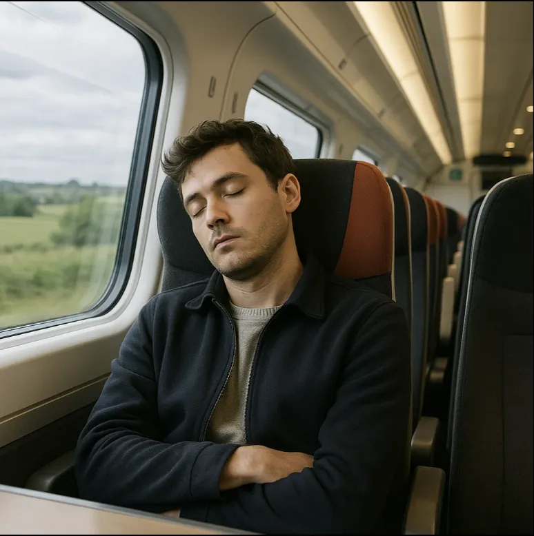 a man sleeps on a train
