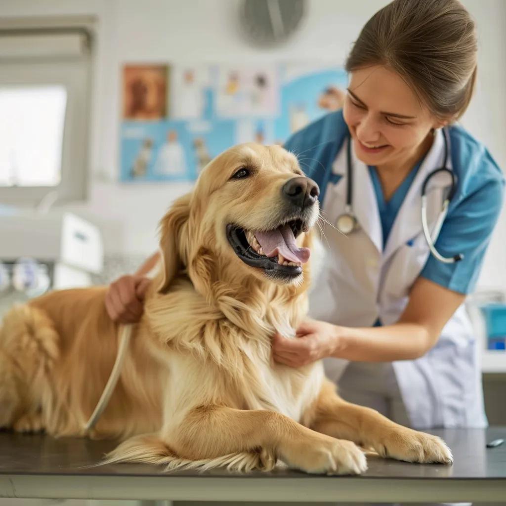 Veterinarian examining a happy dog in a bright veterinary clinic, showcasing trust and care