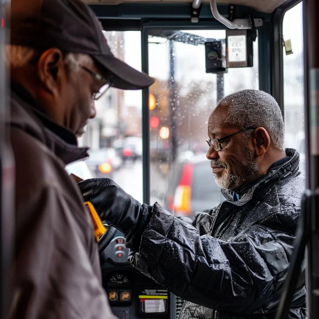 a passenger pays a bus driver as they get on the bus