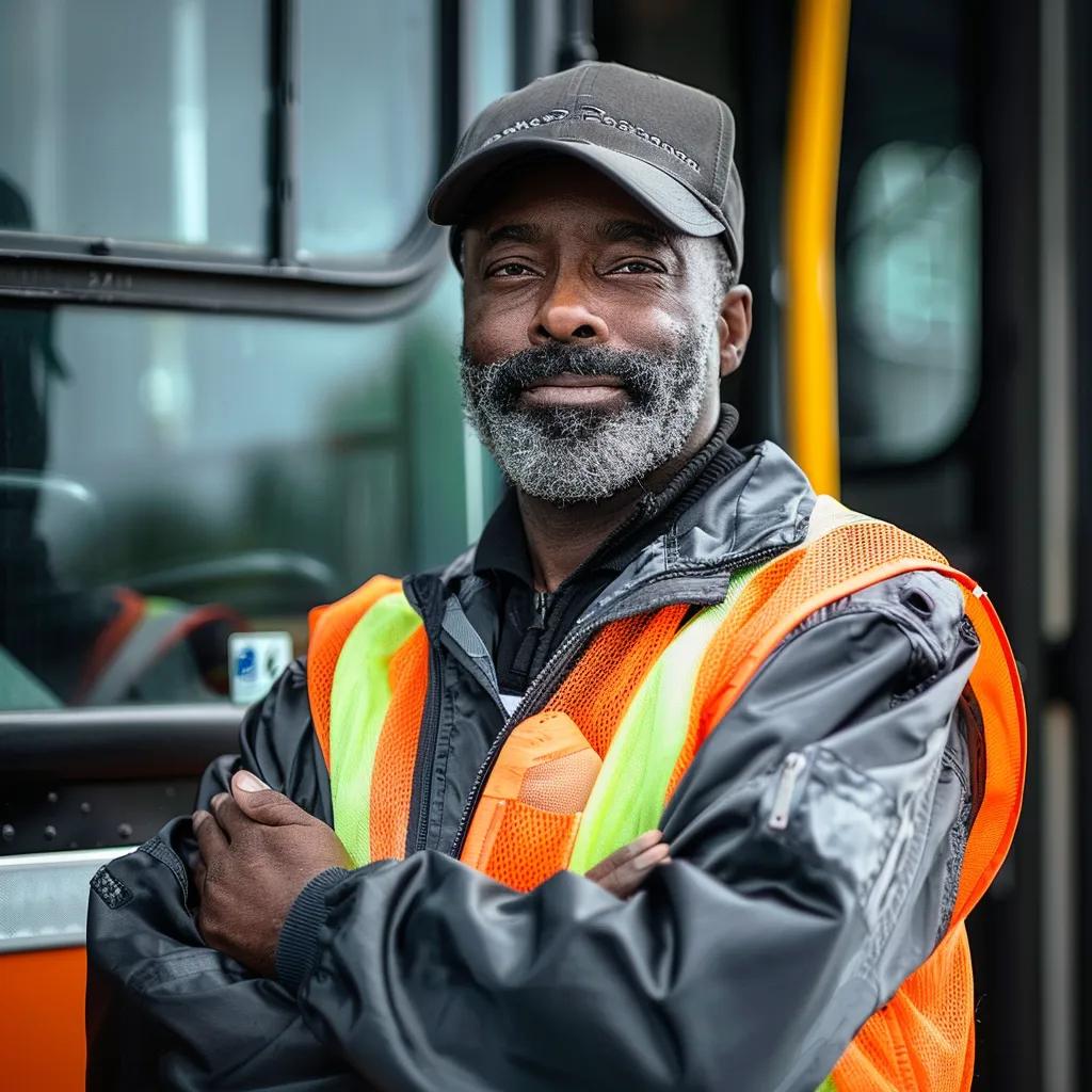a bus driver posing with his arms crossed