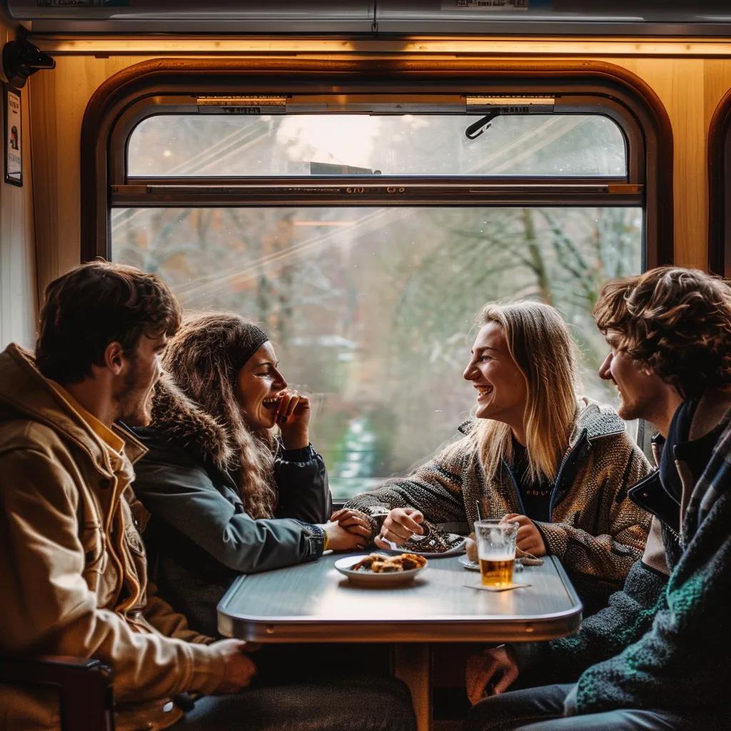 4 friends face each other whilst sitting in a four seater booth of a train and they are smiling