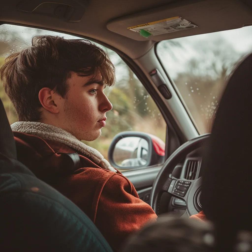 a young man driving a car on a road trip in England