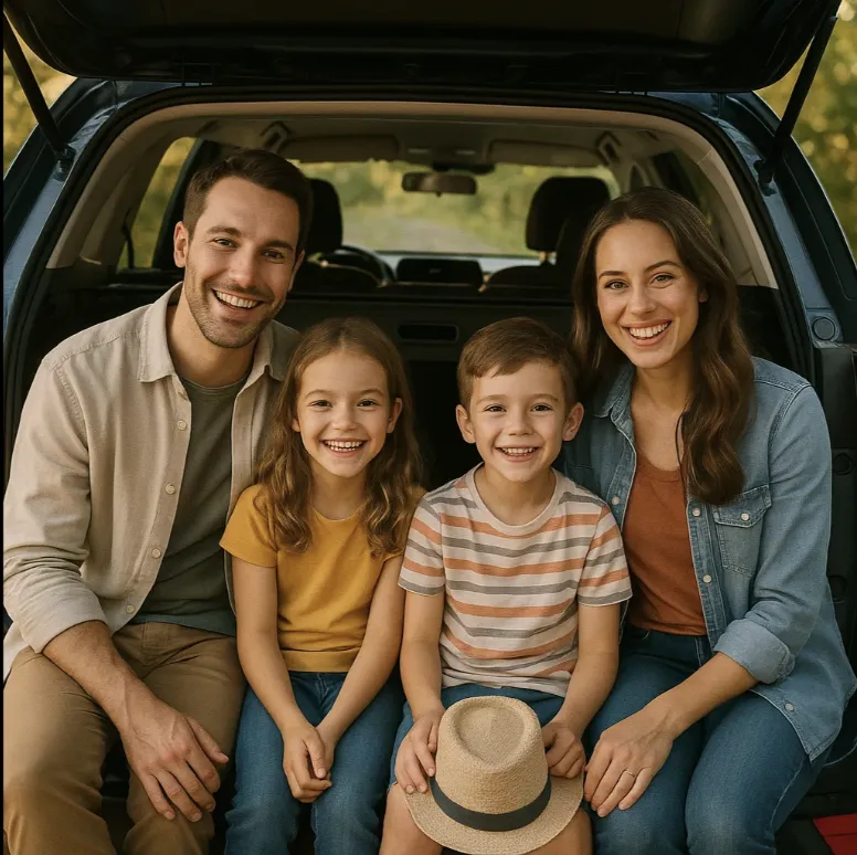 A family smile and pose in the boot of their car as they stop off for a break from driving from Gatwick to Brighton