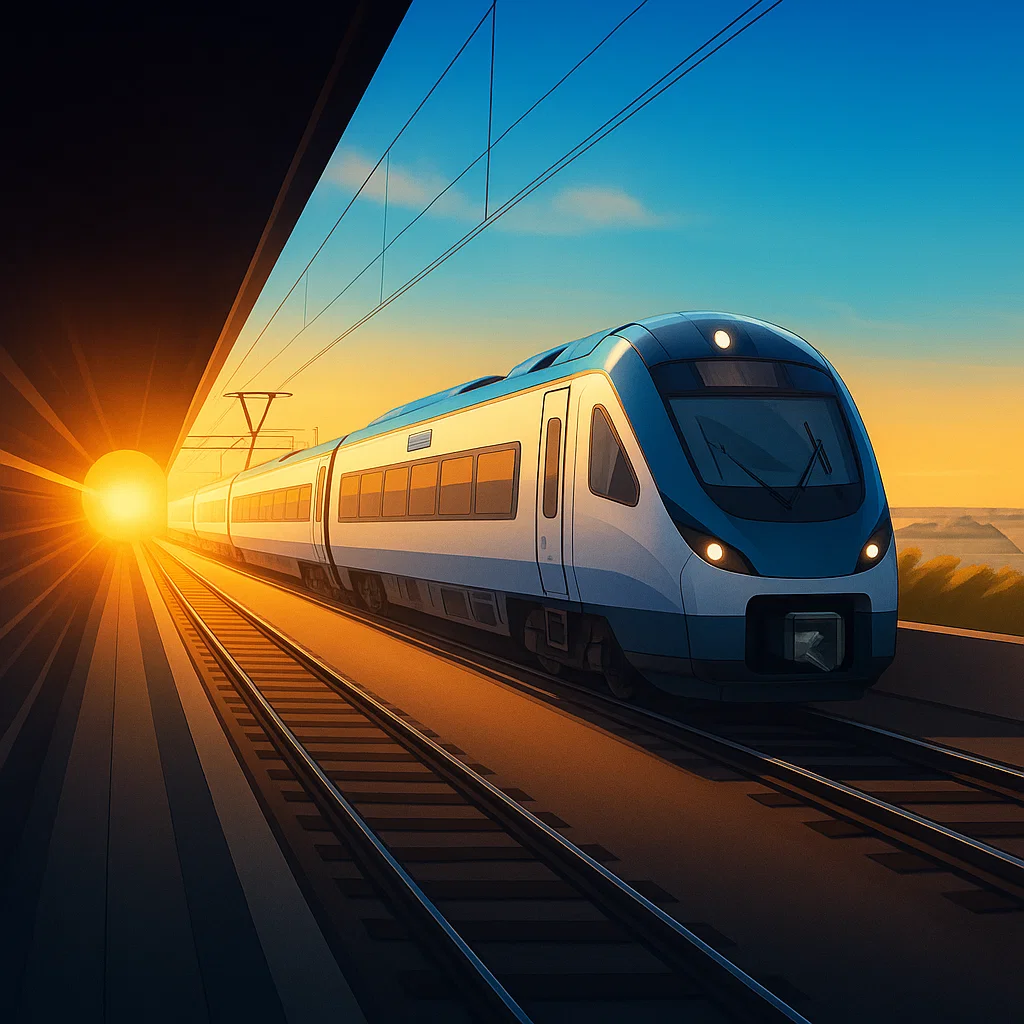 an animated train in the sunset