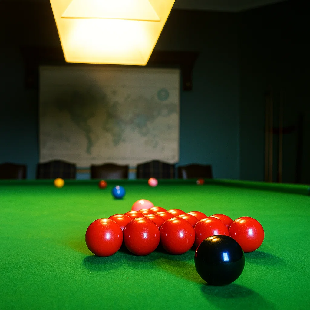 a snooker table with all balls on the table