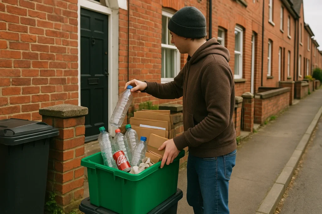 Rubbish collection Brighton- A man organises his recycling outside his house in preparation for bin collection