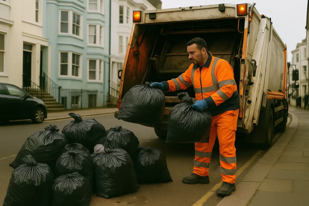 A bin man collects rubbish next to his truck in Brighton