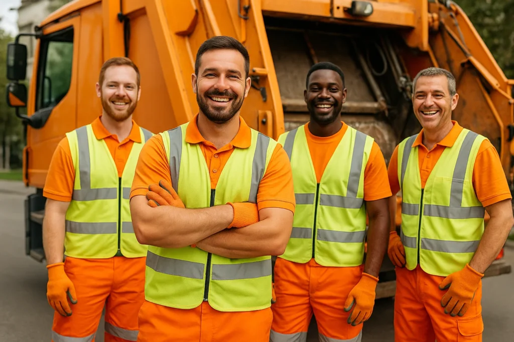 A group of bin men smiling in front of their truck
