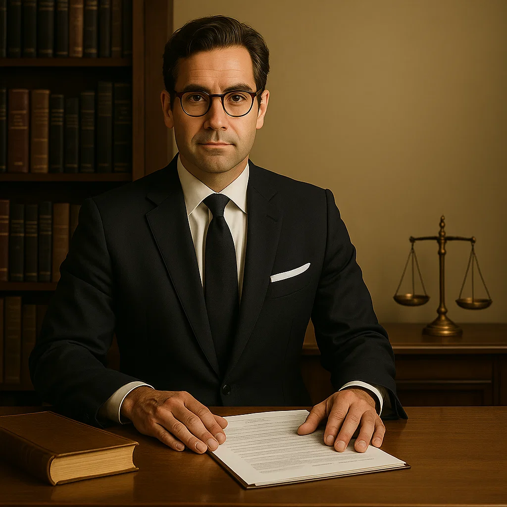 A male Brighton-based solicitor posing at their desk in the office