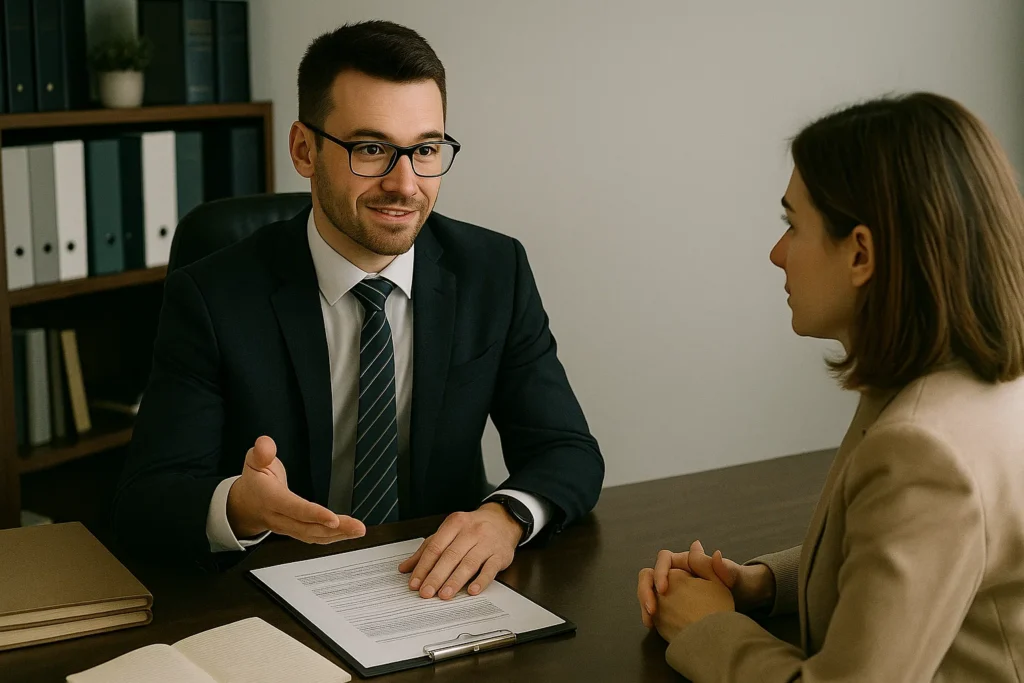 A male solicitor consults their female client in their office 