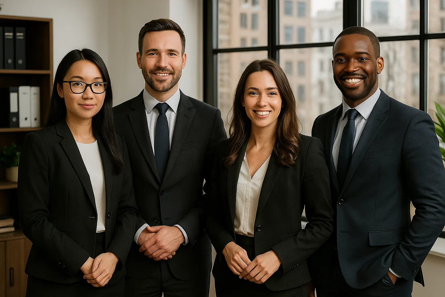 A team of Brighton solicitors posing in their office, wearing suits and smiling 