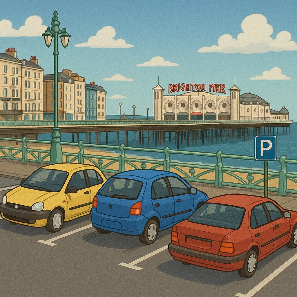 An animation of a group of cars parking in Brighton near the pier