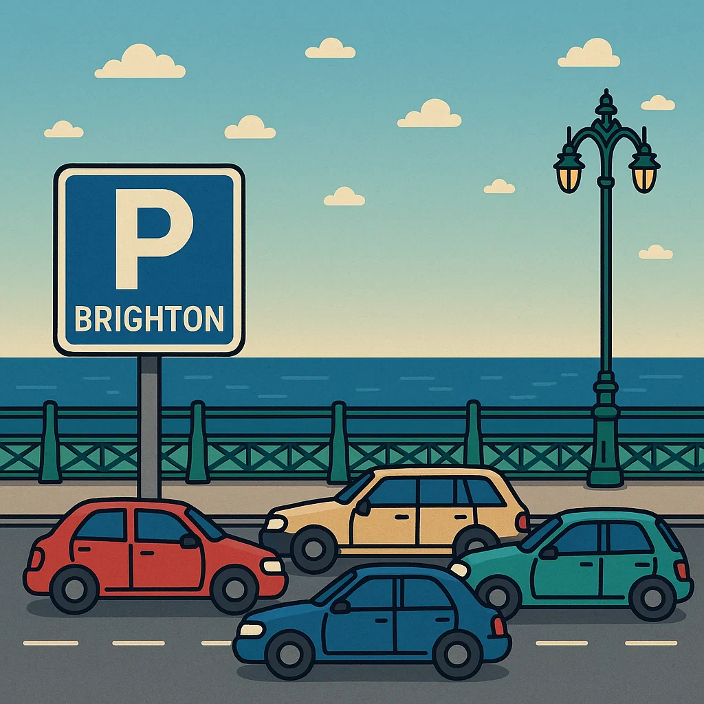 An animation of a group of cars parking in Brighton near the pier
