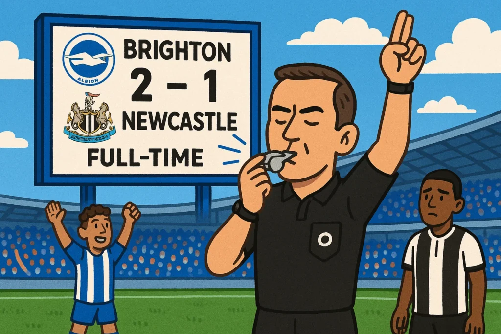 An animation of the referee blowing his whistle for full time as Brighton beat Newcastle 2-1