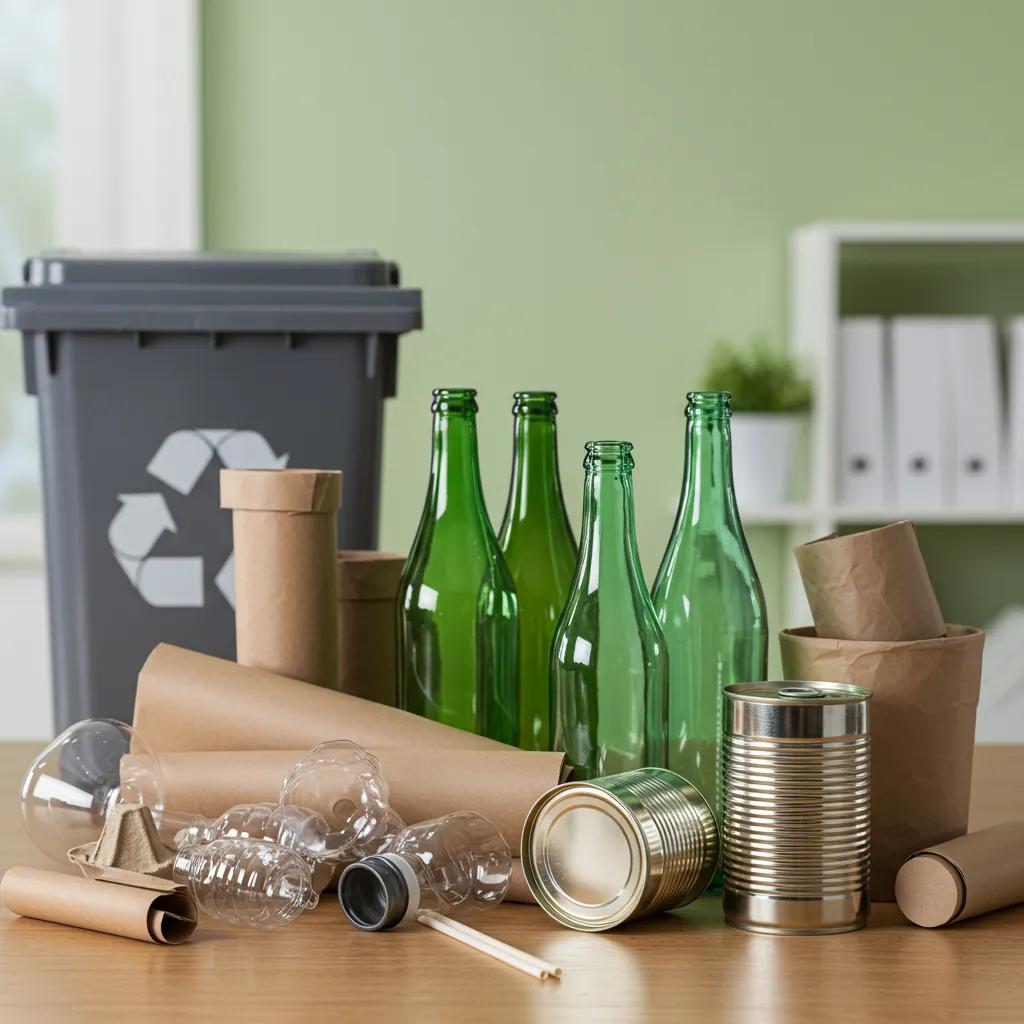 Assorted recyclable materials including paper, glass, and metal cans displayed with a recycling bin