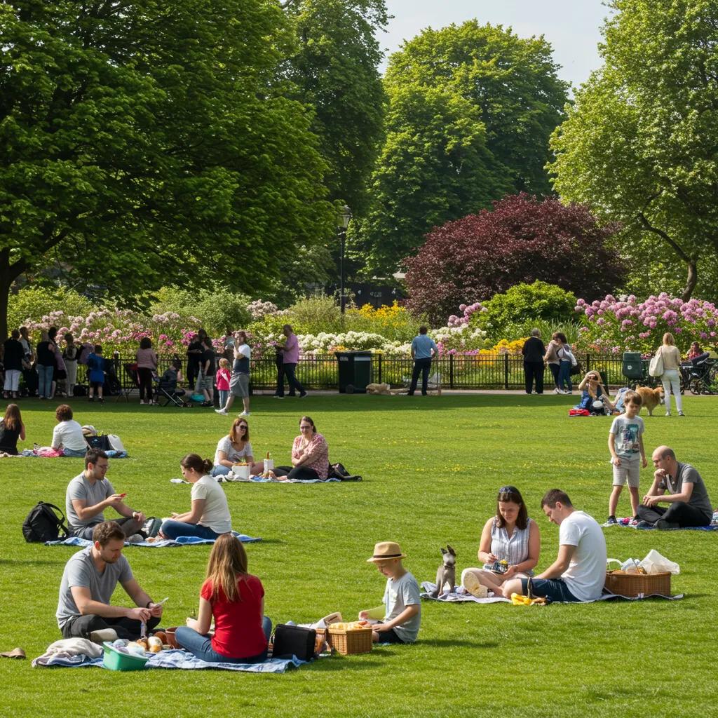 Brighton park scene with families picnicking, children playing, and lush greenery