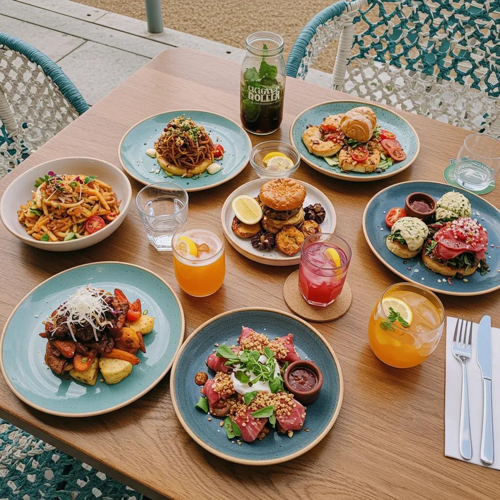 Brighton restaurant table with diverse dishes and a warm atmosphere