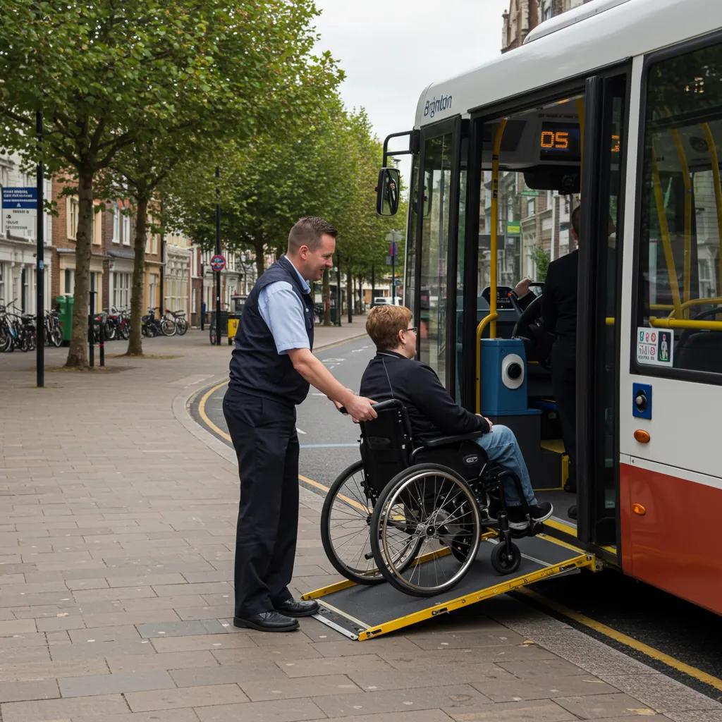 A bus driver kindly helping a wheelchair user board a Brighton bus, highlighting the vehicle's accessibility features