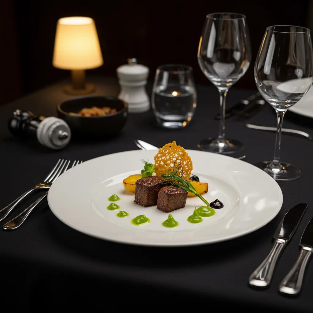 A beautifully set fine dining table with a gourmet dish and a sophisticated, elegant ambiance