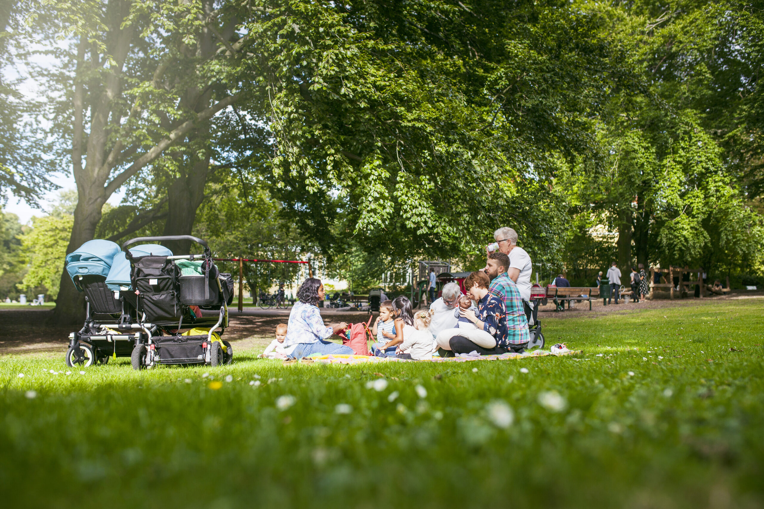 Family with children having picnic in park
