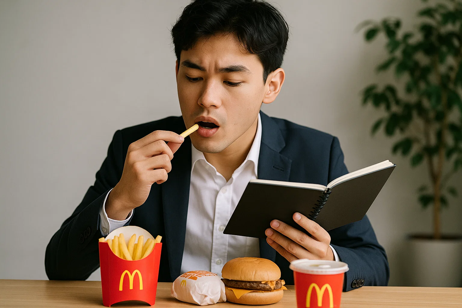 A young person eating and reviewing their McDonalds meal