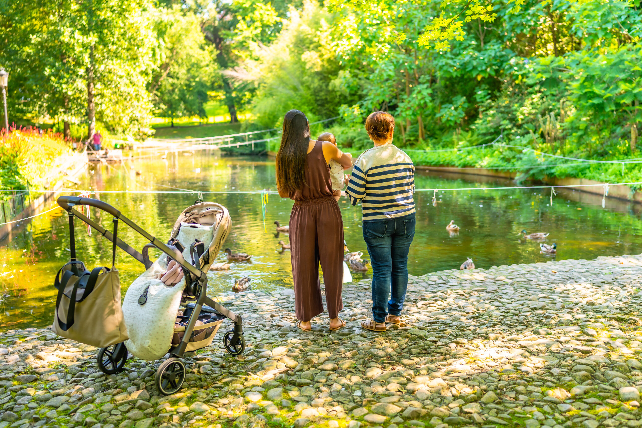Family Enjoying Ducks In The Park Pond