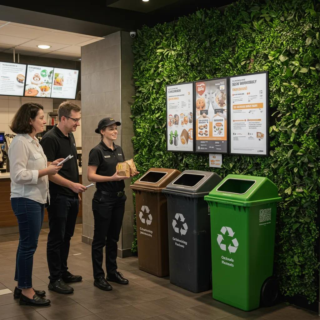 McDonald's team members discussing eco-friendly initiatives with customers in a setting with green decor