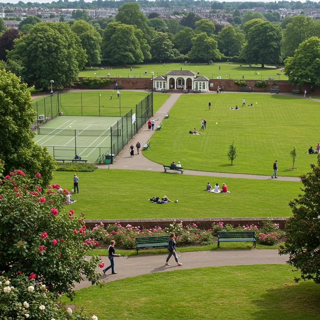A sweeping view of Preston Park, showing tennis courts, a colourful rose garden, and people enjoying the open space
