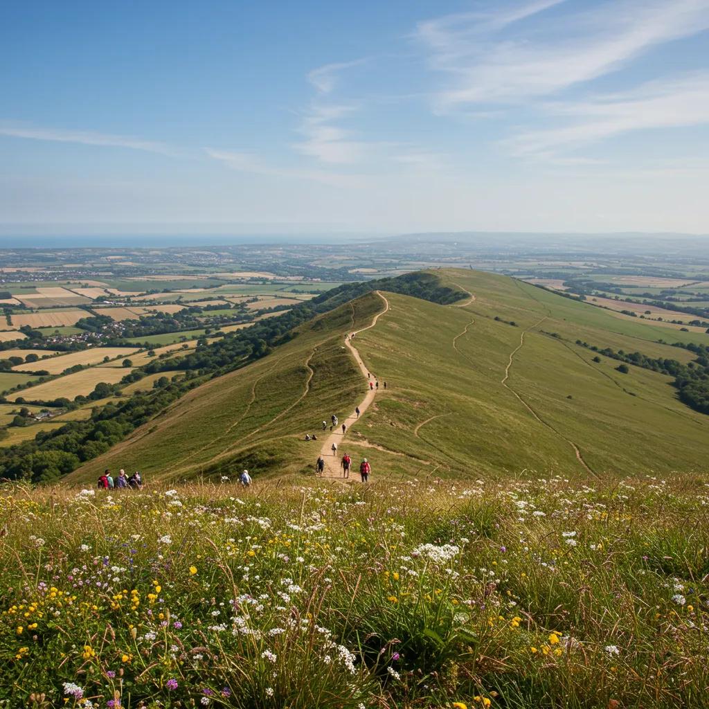 A breathtaking view from the summit of Ditchling Beacon, looking out over rolling hills and the distant coastline