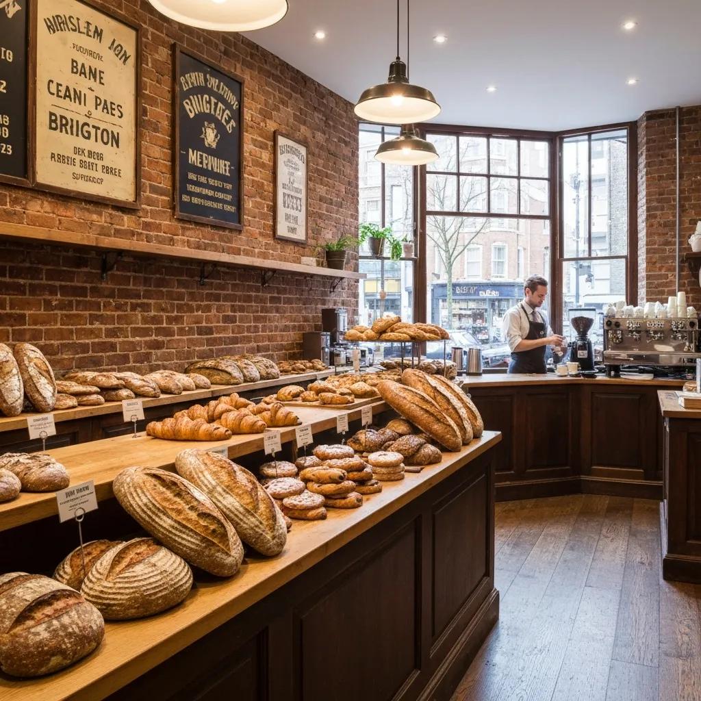 Artisan bakery in Brighton with a variety of breads and pastries on display, capturing the essence of local baking culture