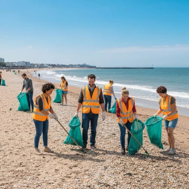 Volunteers on a Brighton beach collecting litter during a community clean‑up