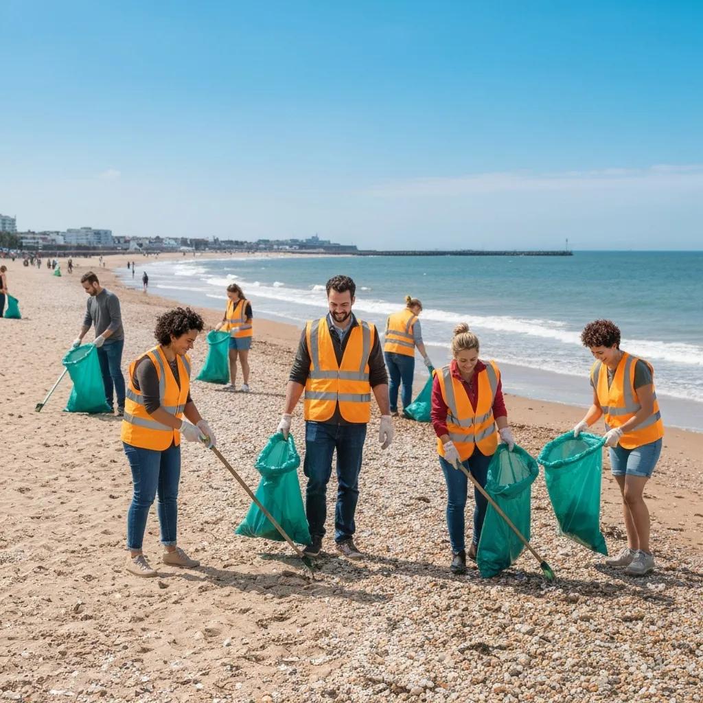 Volunteers on a Brighton beach collecting litter during a community clean‑up