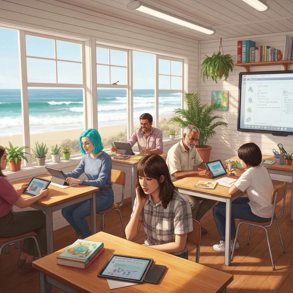 Diverse international students learning languages in a bright classroom with a seaside view in Brighton