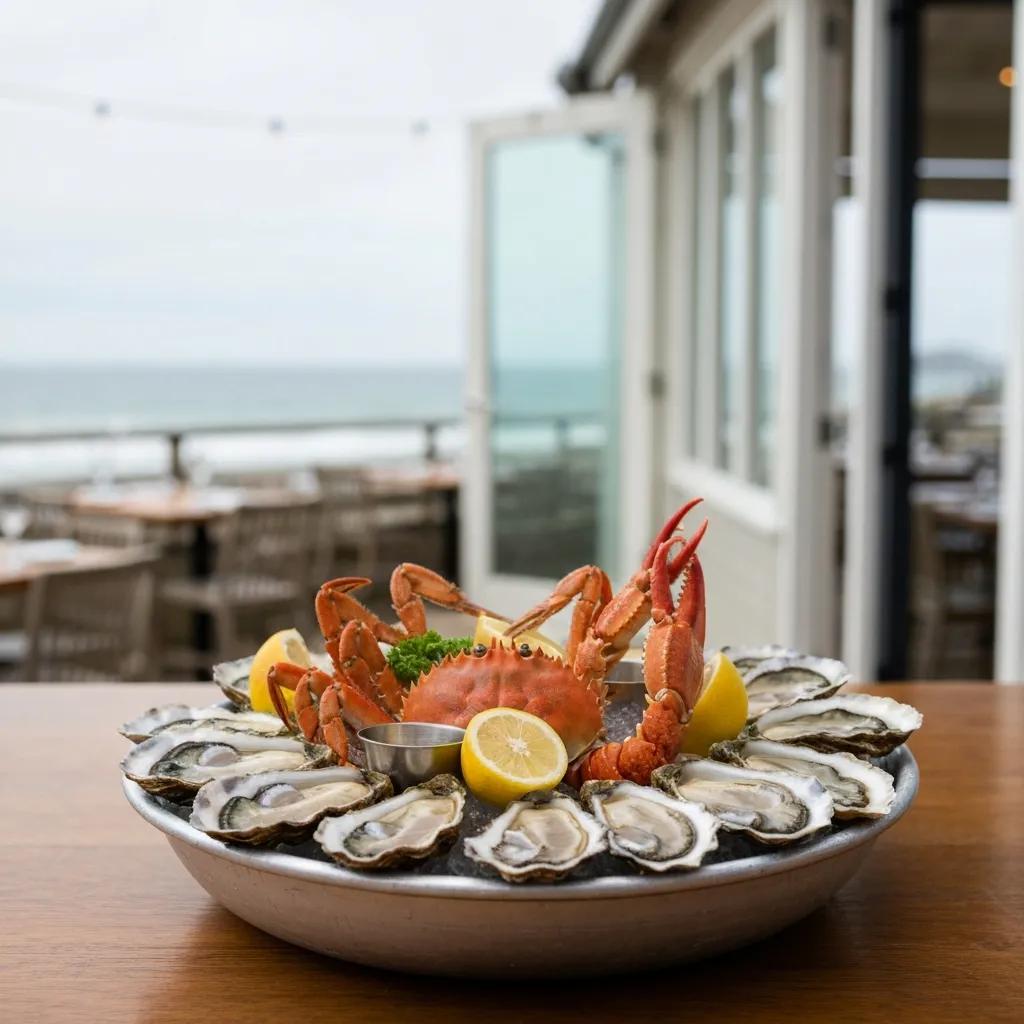 Fresh seafood platter featuring oysters, crab, and lobster at a seaside restaurant in Brighton
