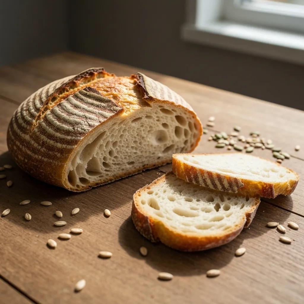 A freshly baked artisan sourdough loaf, showcasing its characteristic crust and texture