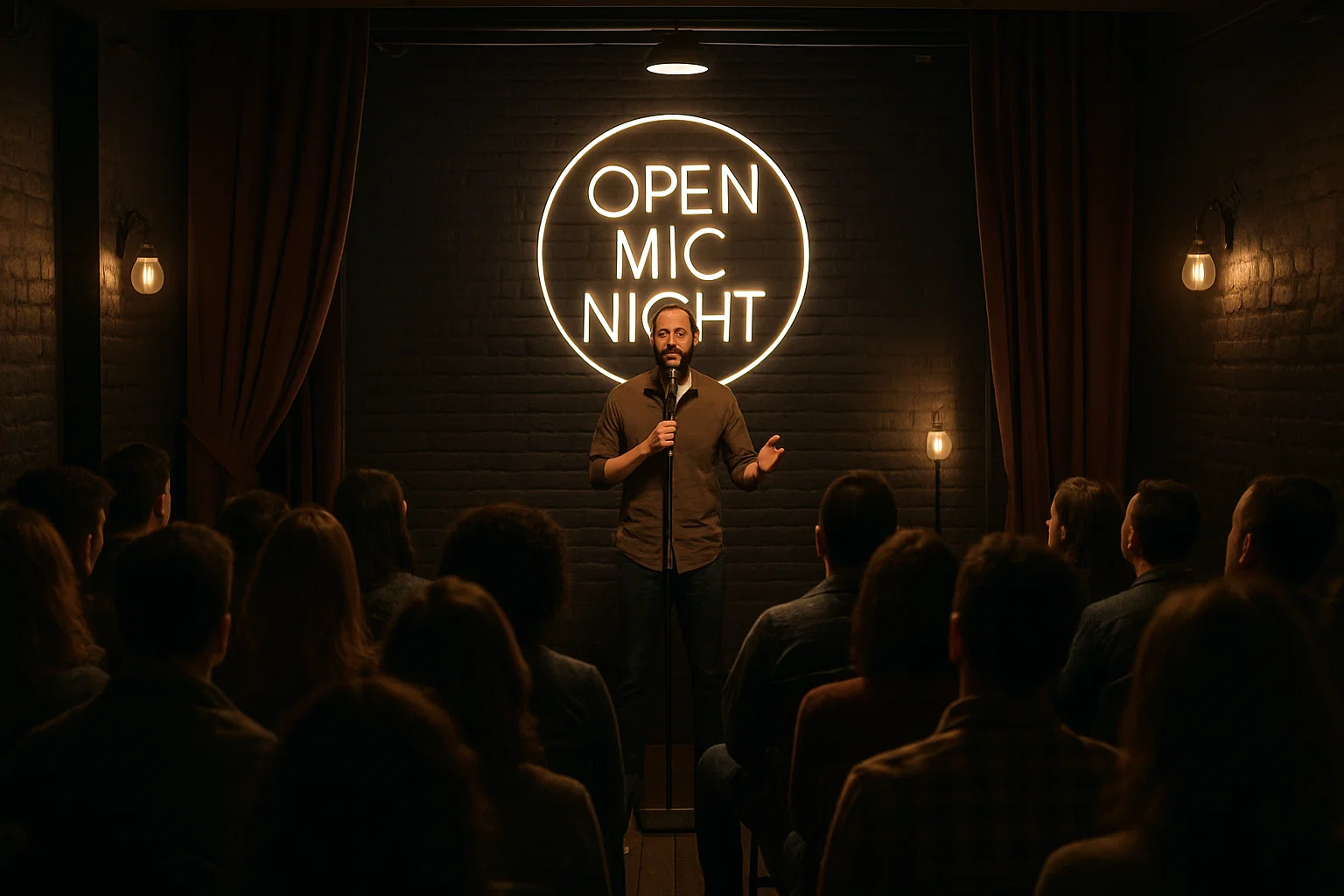 A male comedian performing on stage at an open mic night at one of the Brighton comedy clubs