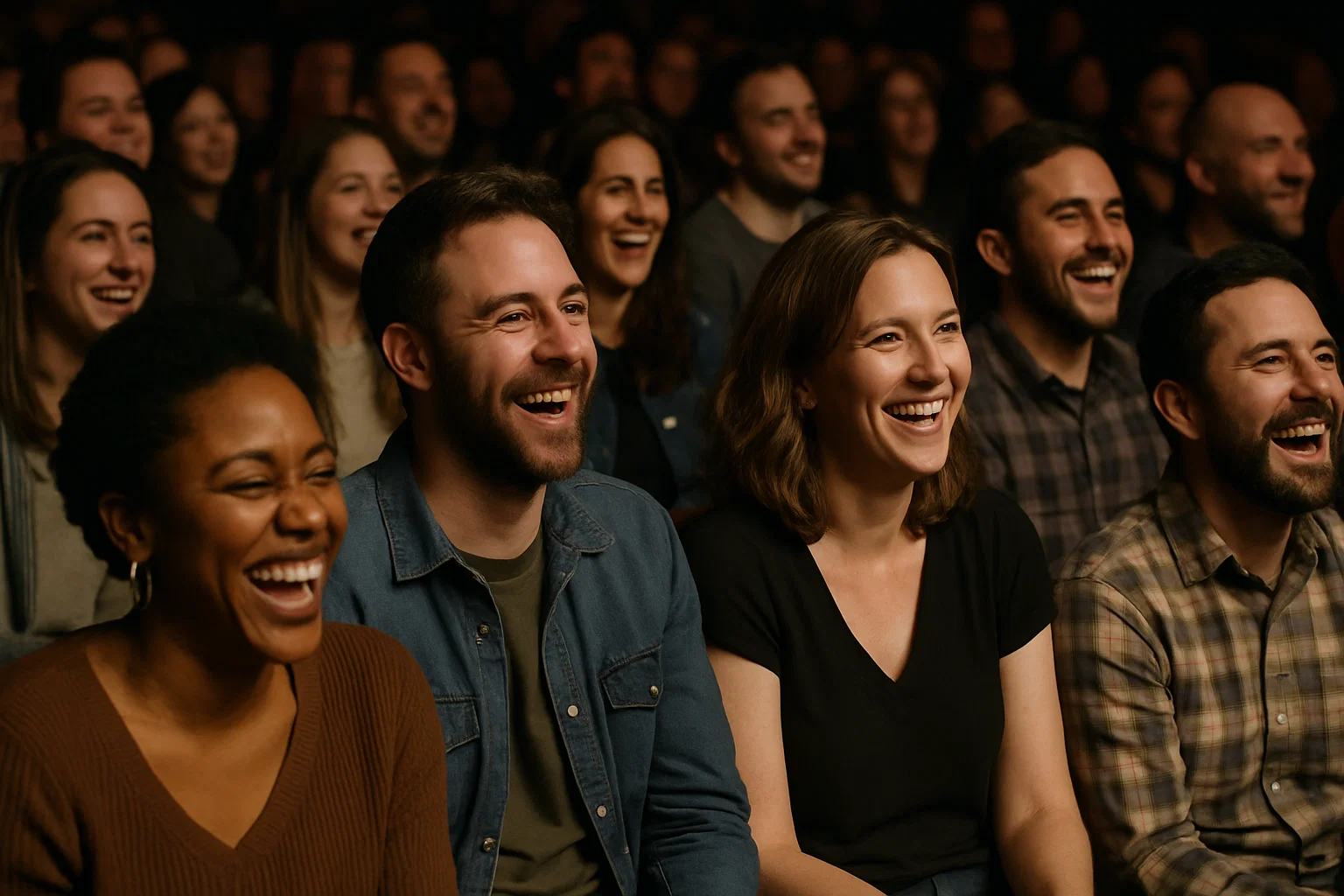 A comedy show crowd all laughing simultaneously 