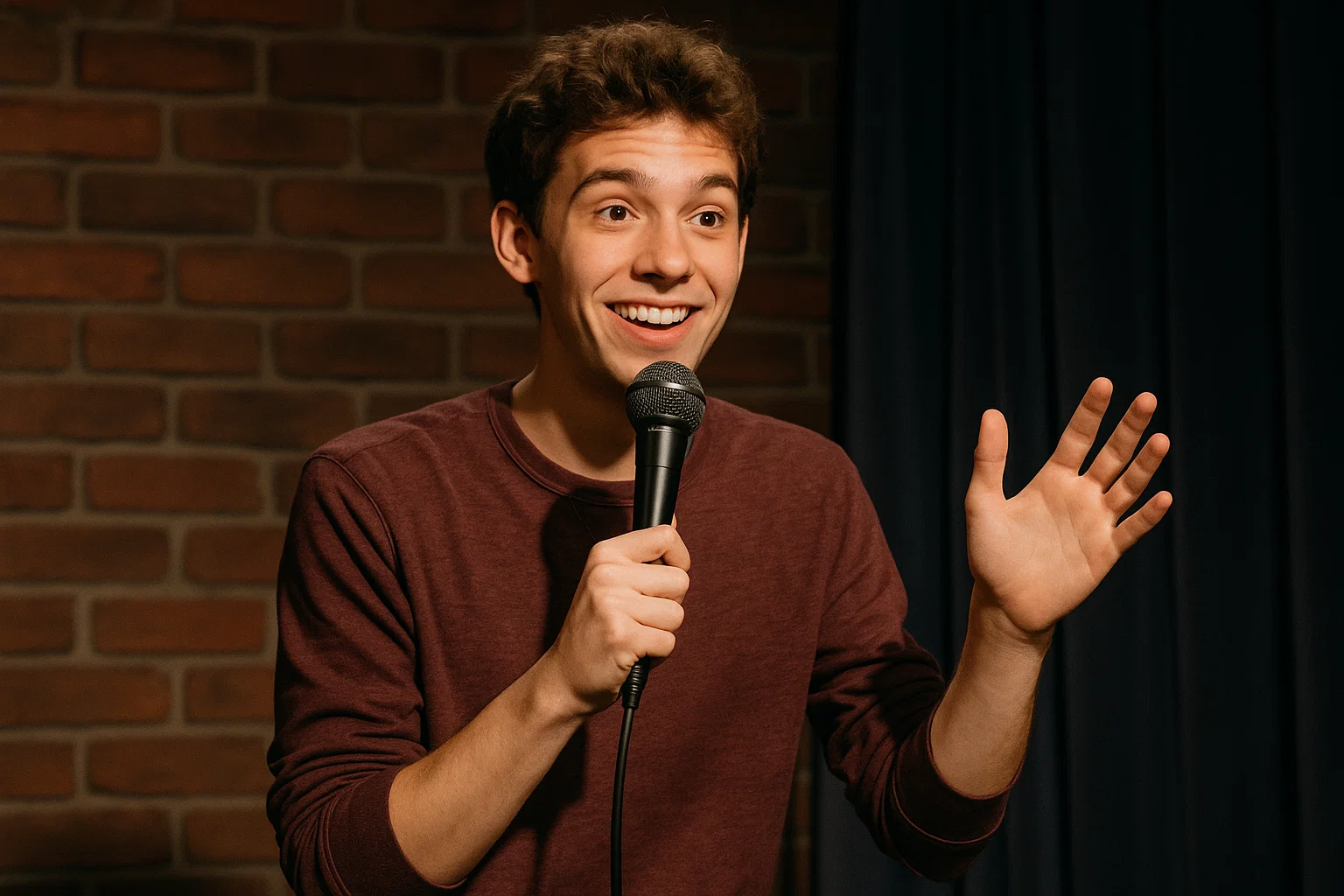 An aspiring comedian on stage holding a microphone