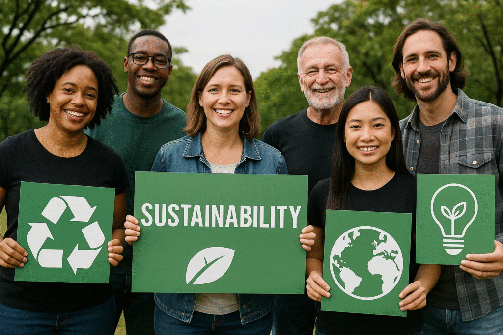A Brighton sustainability group posing with signs whilst smiling