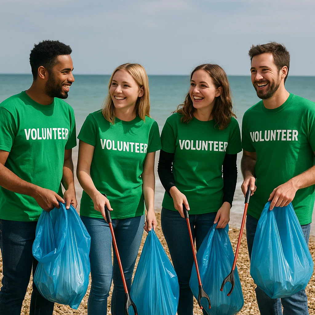 People volunteering in Brighton standing on the beach with bin bags