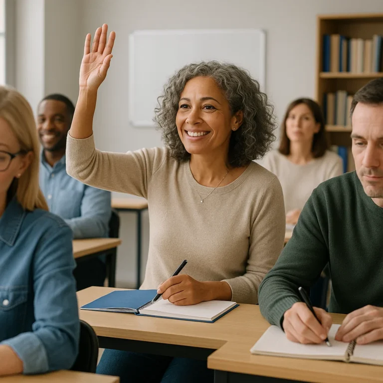 A woman raising her hand at one of the Adult Education Courses in Brighton