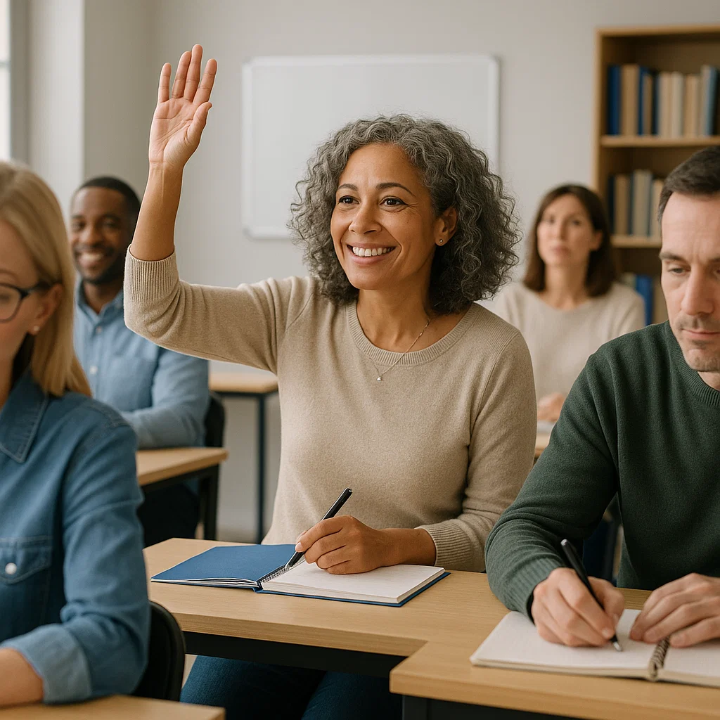 A woman raising her hand at one of the Adult Education Courses in Brighton