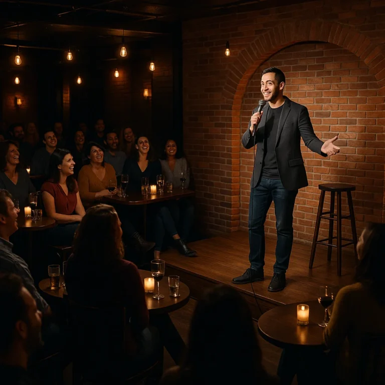 A busy comedy club with a comedian on stage