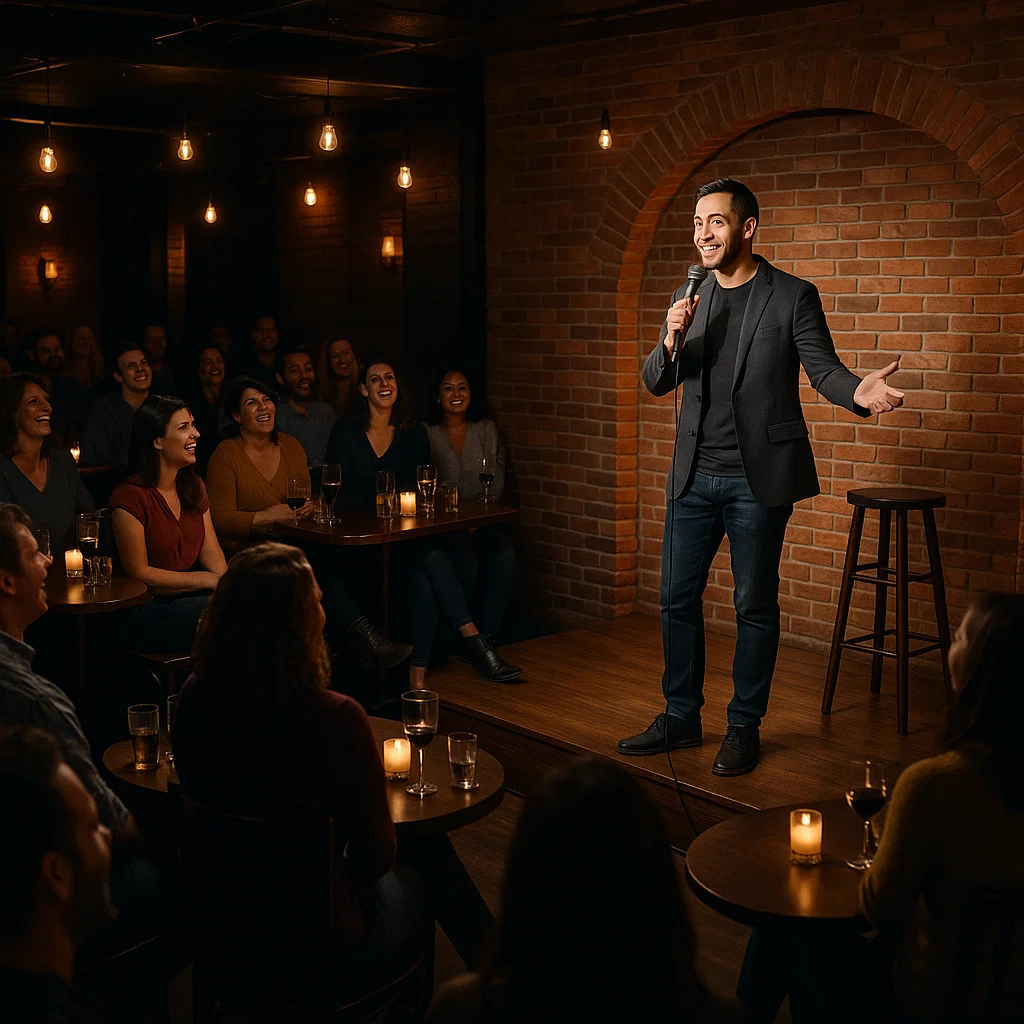 A busy comedy club with a comedian on stage