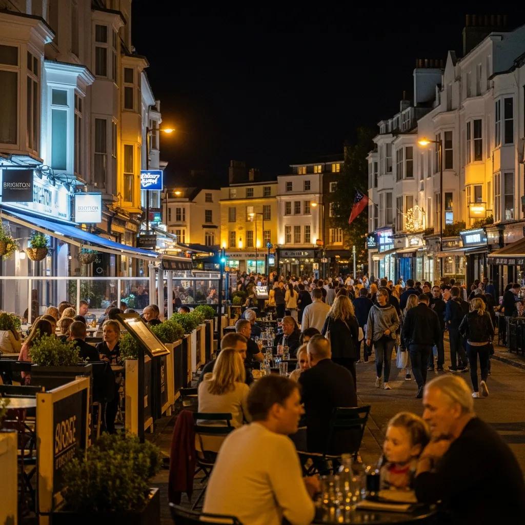 Brighton nightlife scene with people dining and enjoying cultural activities under streetlights
