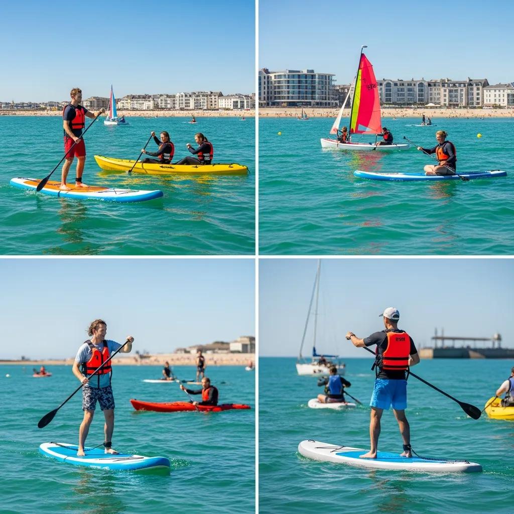 Brighton water sports activities including paddleboarding, kayaking, and sailing on a sunny day